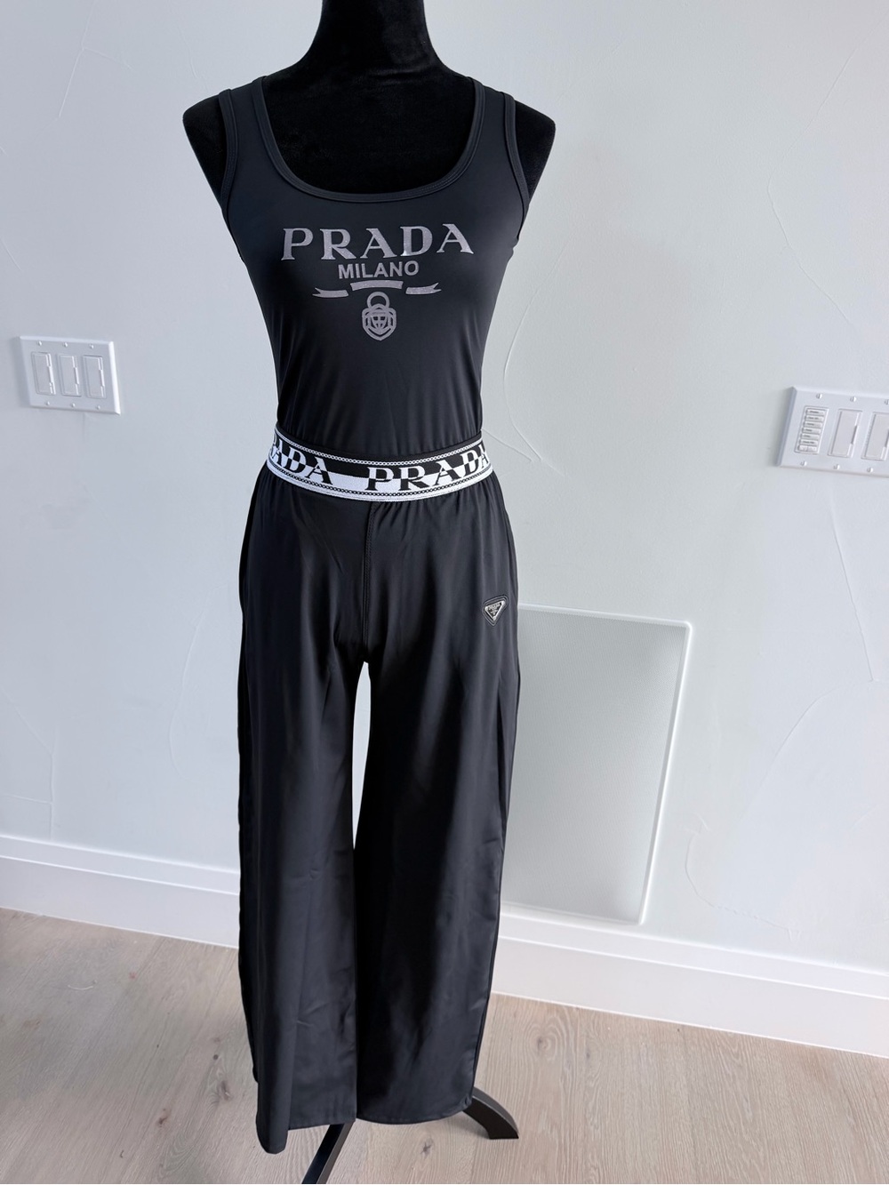 Prada Black Logo Tank Top with Wide Leg Pants Set with pockets Lounge Set size M - Picture 2 of 8